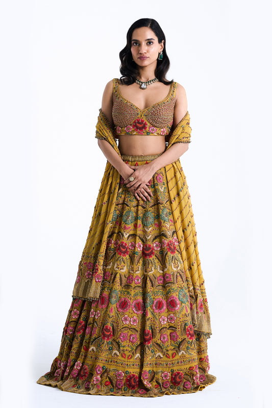 Lehenga Set in Persian Floral Thread Embroidery