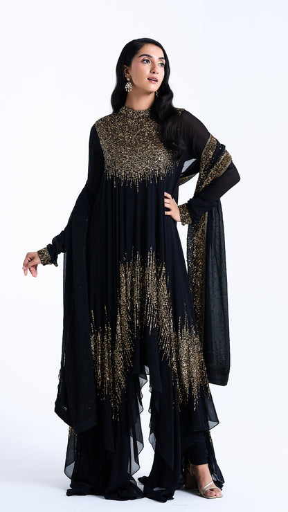 Asymmetric Kurta Set in Line Sequin Embroidery