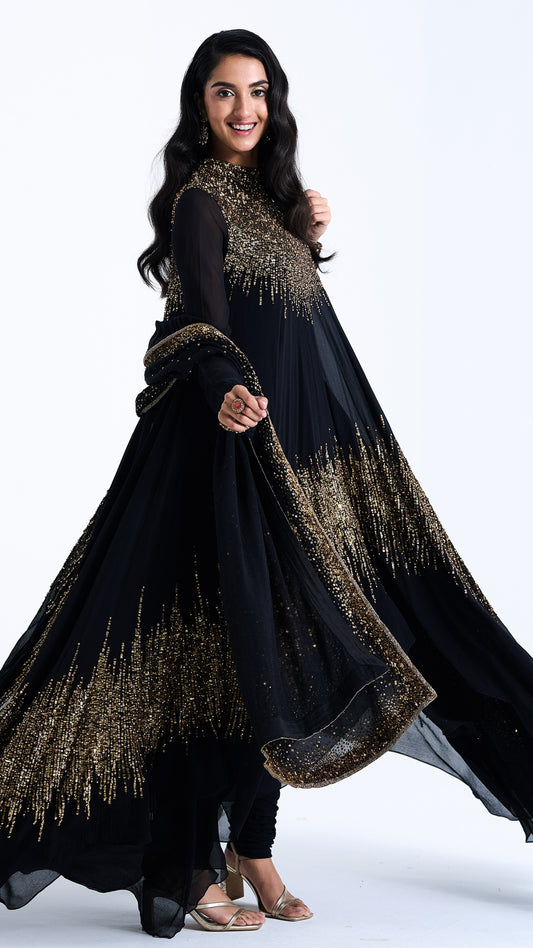 Asymmetric Kurta Set in Line Sequin Embroidery