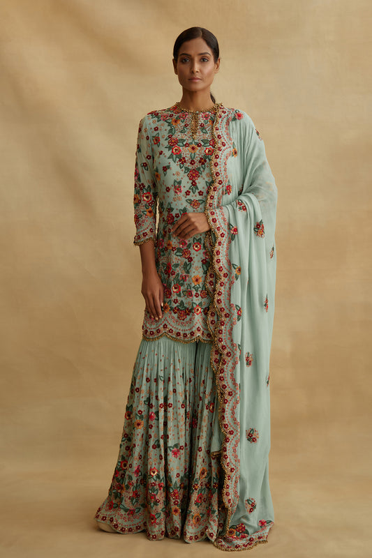 Gharara Set in Floral Multi Thread Embroidery