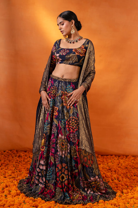 Lehenga Set in Floral Ikkat Thread embroidery