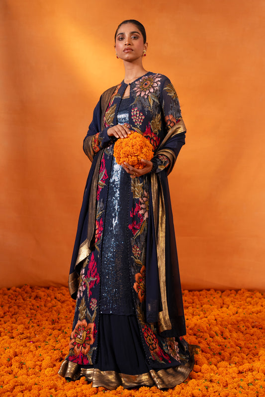 Jacket Set in Ikkat Floral Thread Embroidery