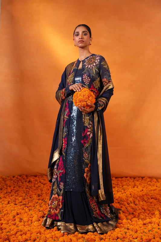 Jacket Set in Ikkat Floral Thread Embroidery
