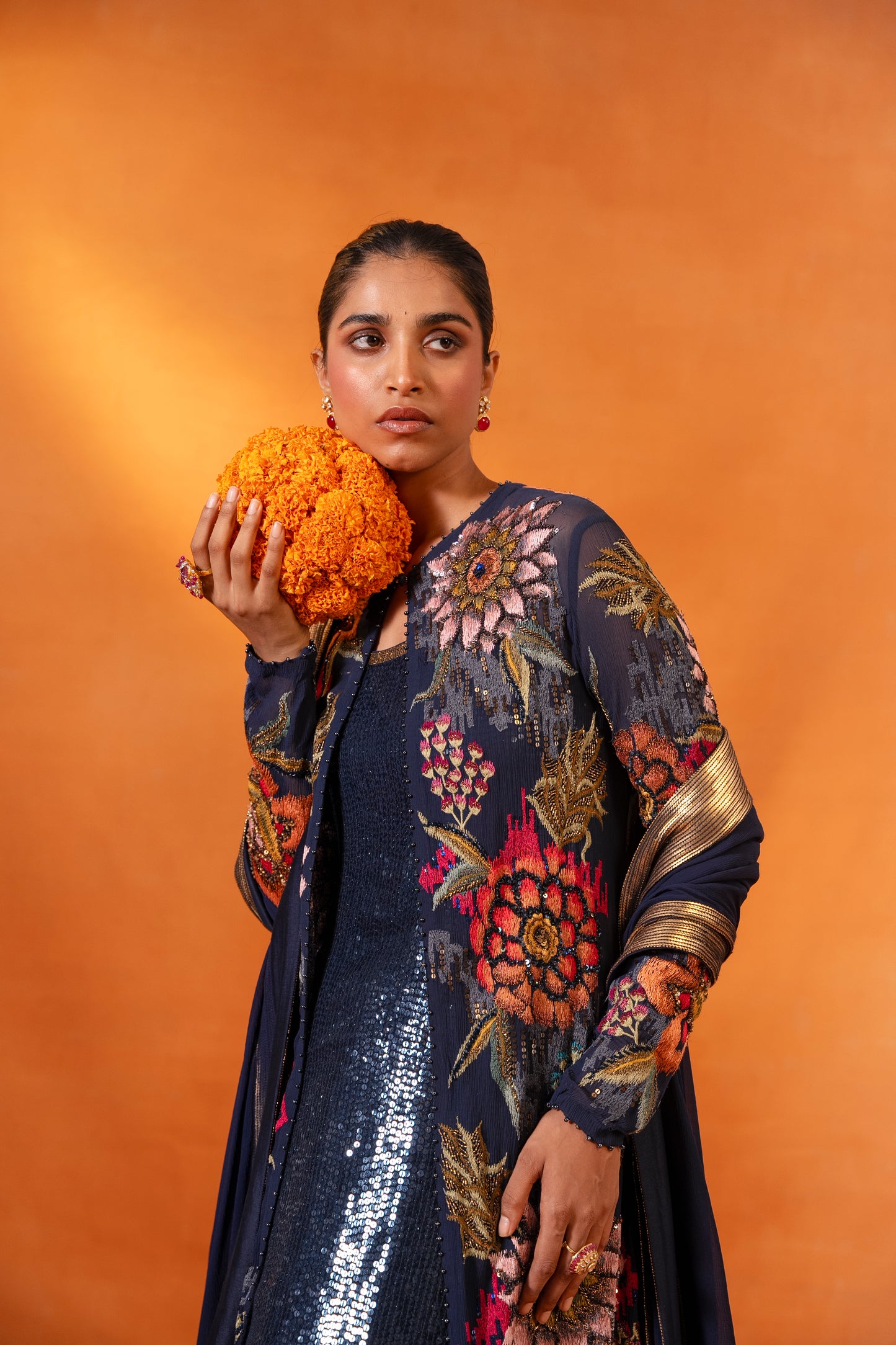 Jacket Set in Ikkat Floral Thread Embroidery
