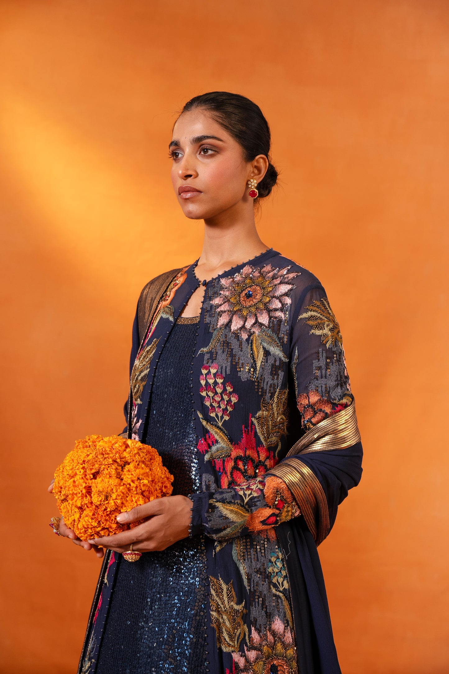 Jacket Set in Ikkat Floral Thread Embroidery