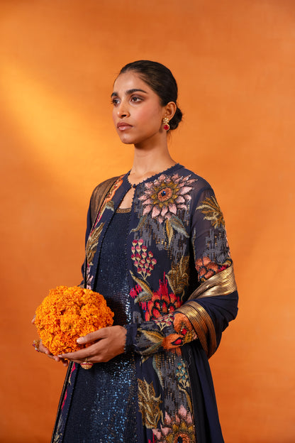 Jacket Set in Ikkat Floral Thread Embroidery
