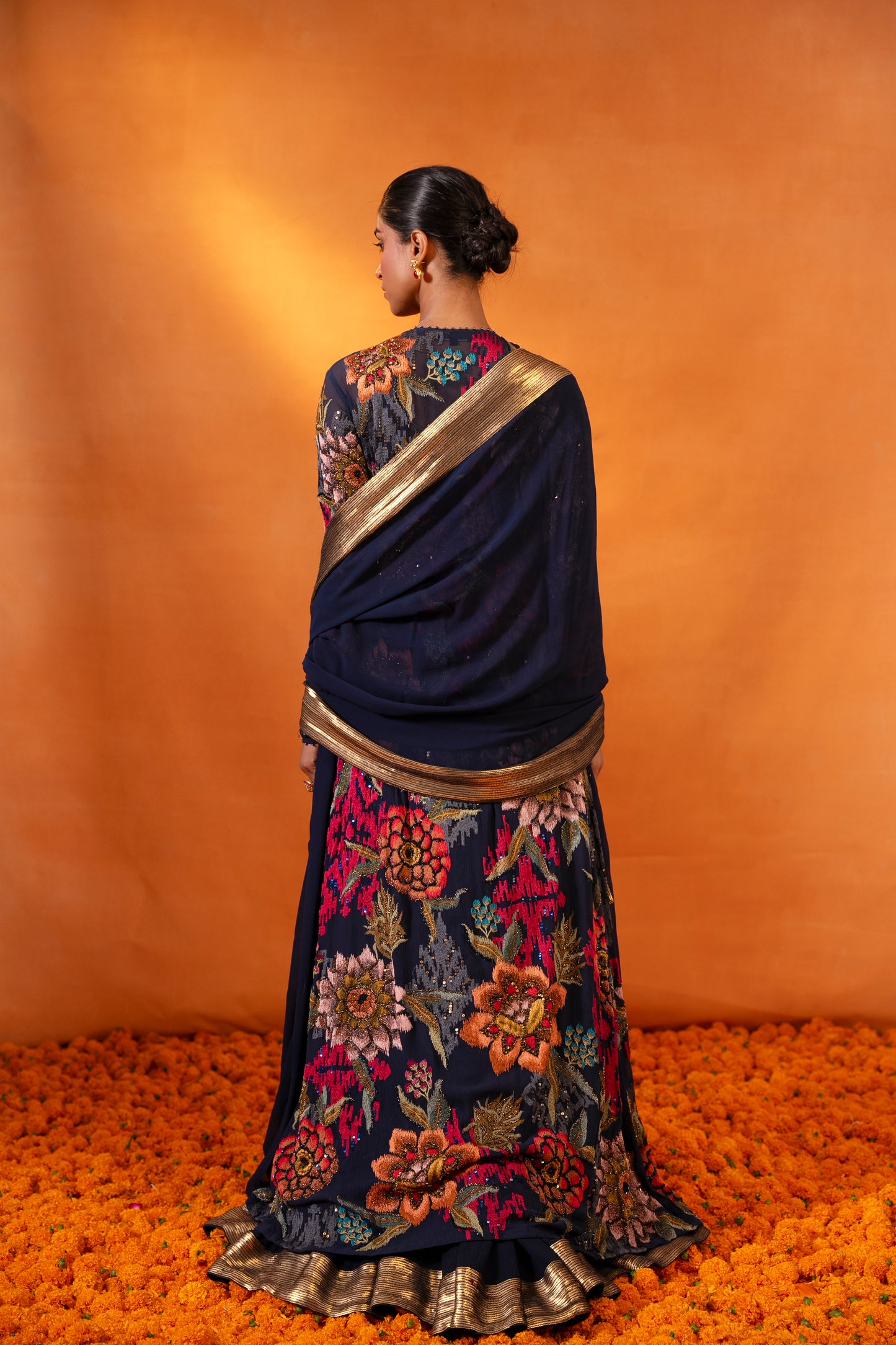 Jacket Set in Ikkat Floral Thread Embroidery