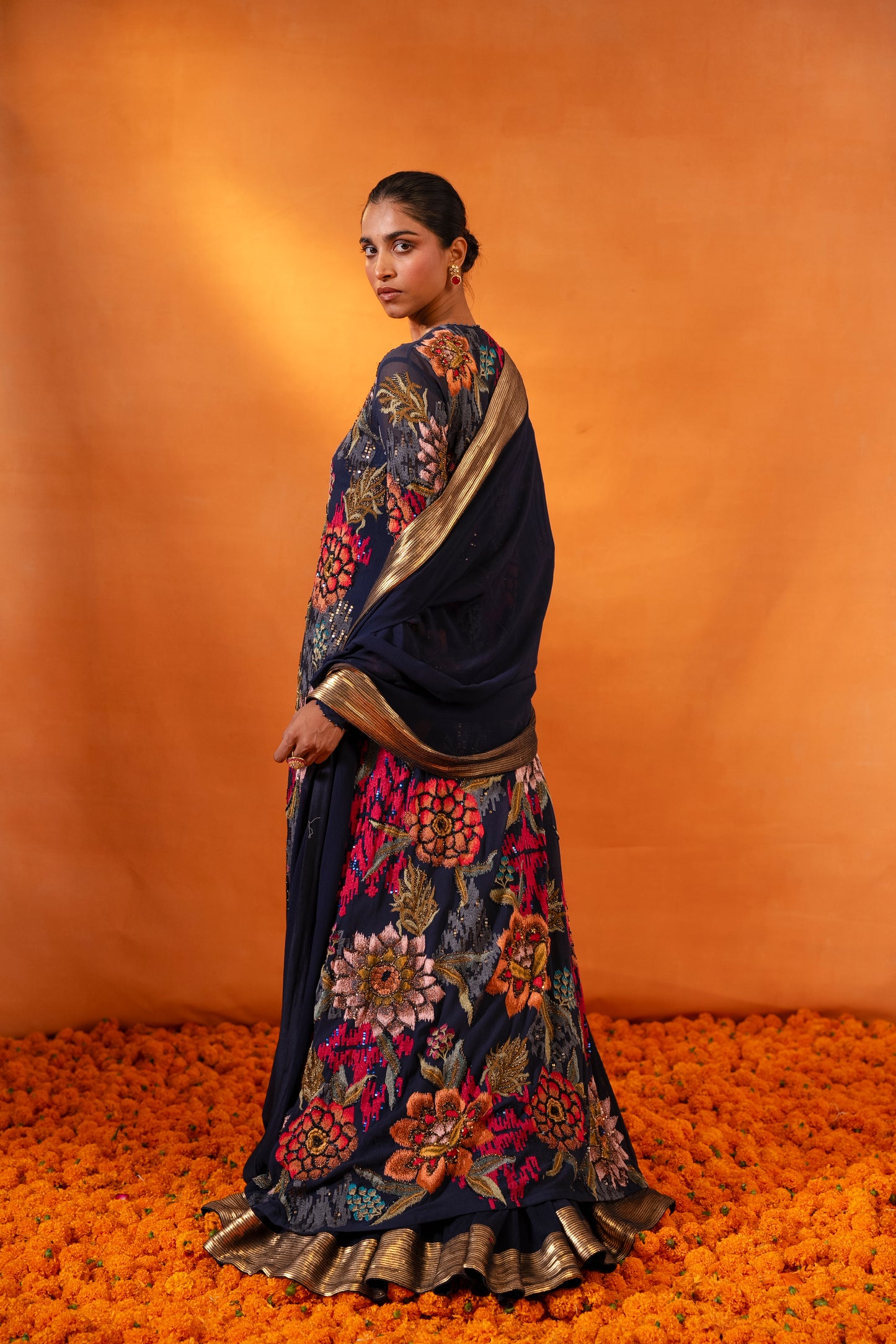 Jacket Set in Ikkat Floral Thread Embroidery
