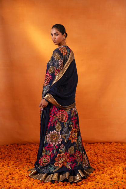 Jacket Set in Ikkat Floral Thread Embroidery