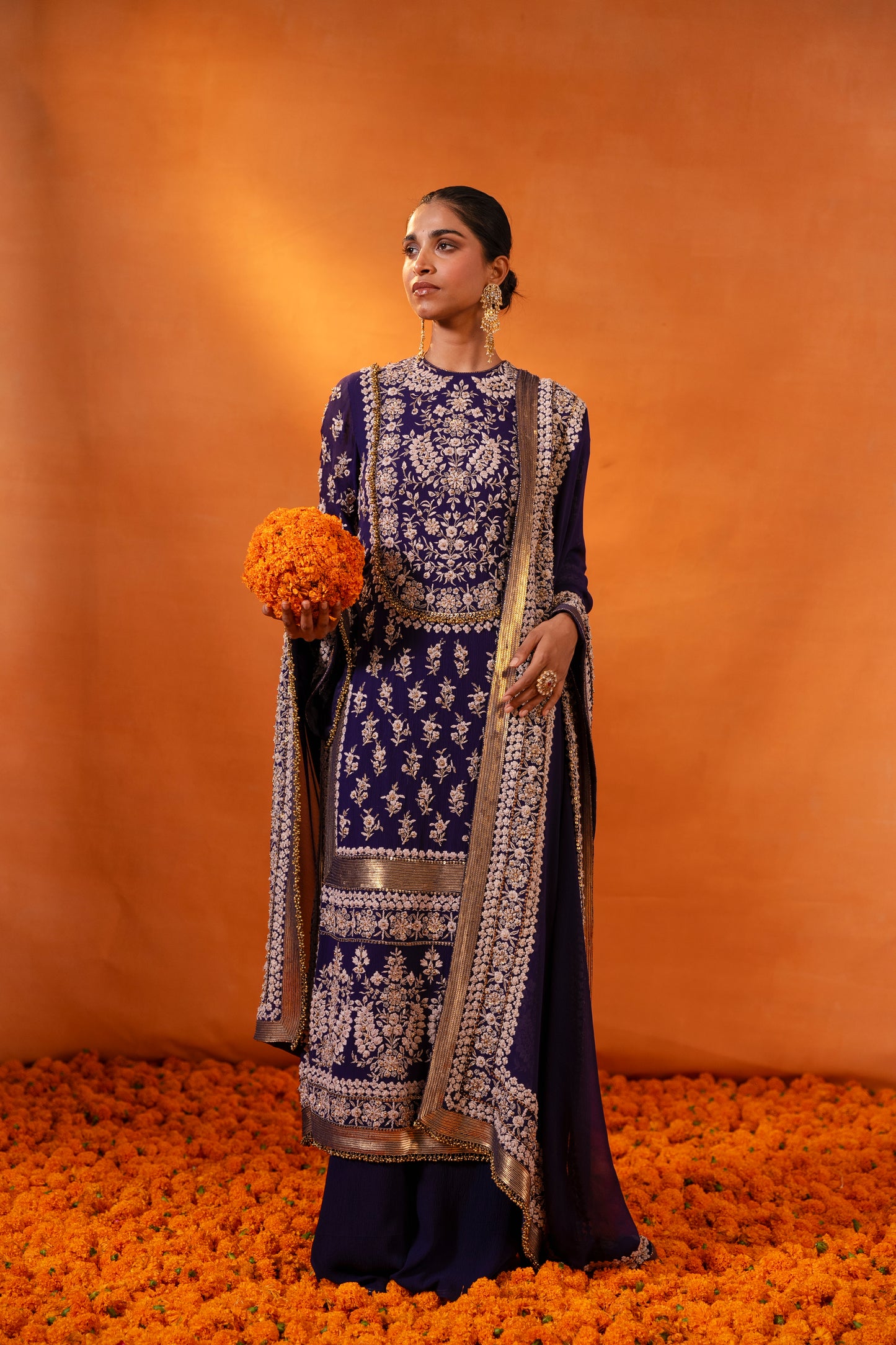 Kurta Set in old world ivory thread embroidery with gold sequins