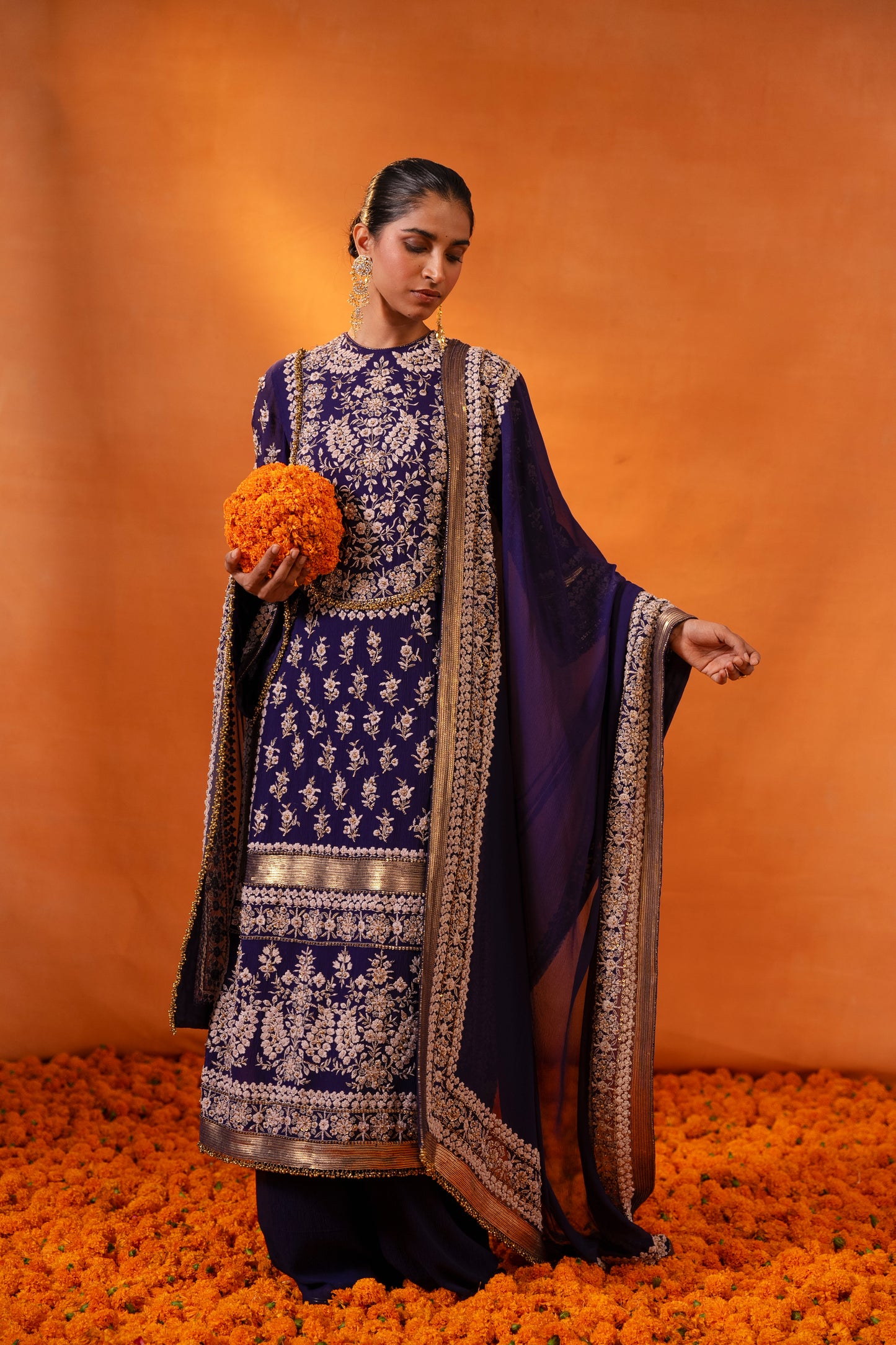 Kurta Set in old world ivory thread embroidery with gold sequins