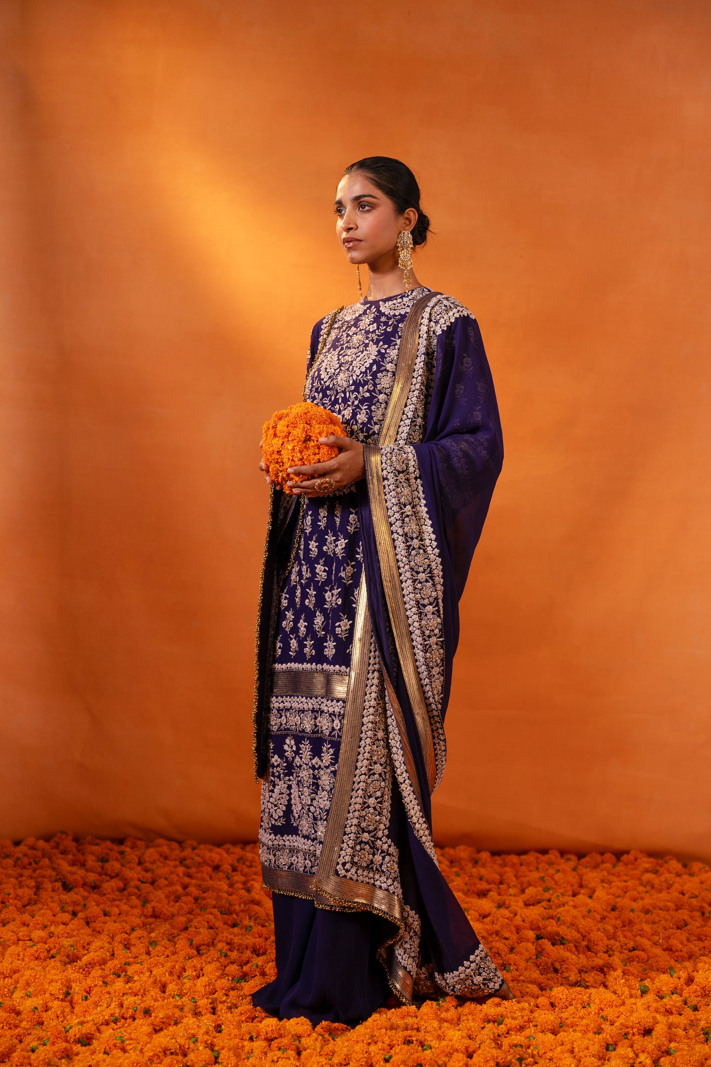 Kurta Set in old world ivory thread embroidery with gold sequins