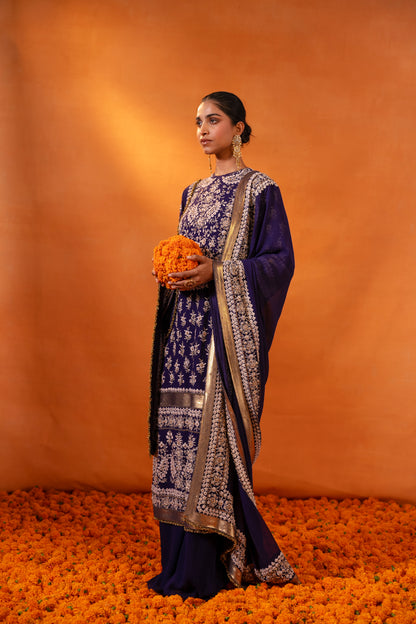 Kurta Set in old world ivory thread embroidery with gold sequins