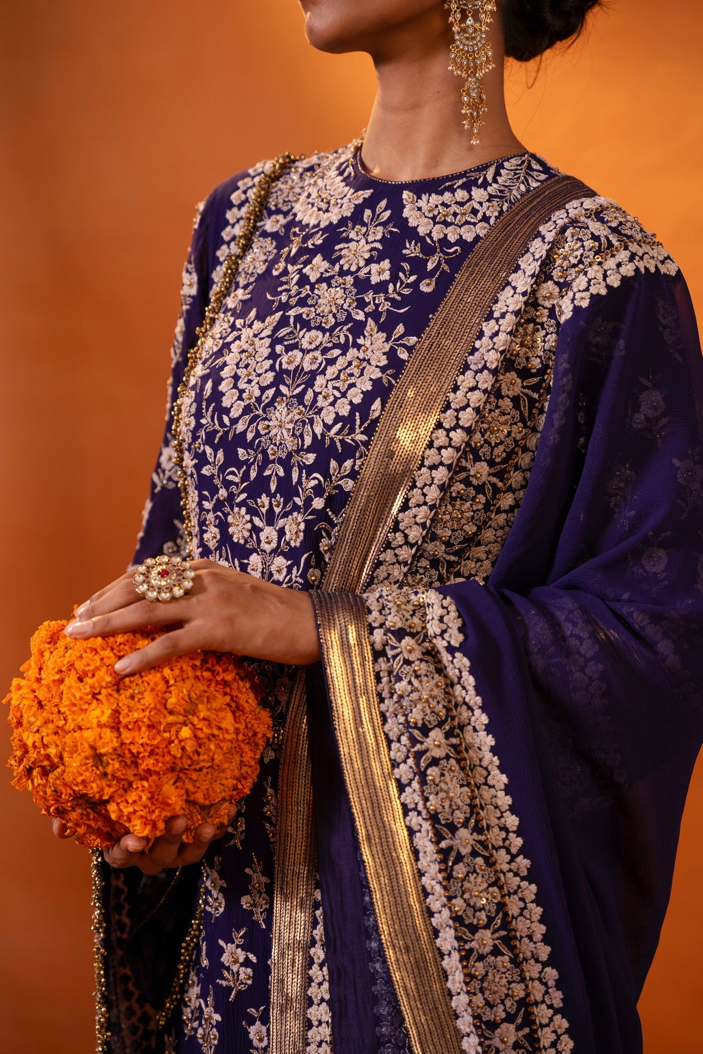 Kurta Set in old world ivory thread embroidery with gold sequins
