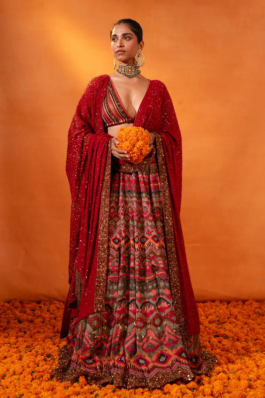 Lehenga in Ikkat Thread embroidery