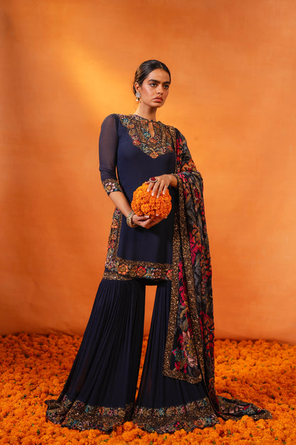 Gharara Set in Ikkat Floral Thread Embroidery