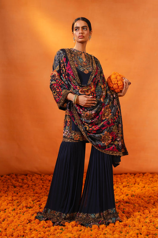 Gharara Set in Ikkat Floral Thread Embroidery