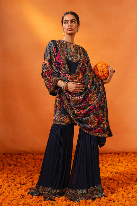 Gharara Set in Ikkat Floral Thread Embroidery