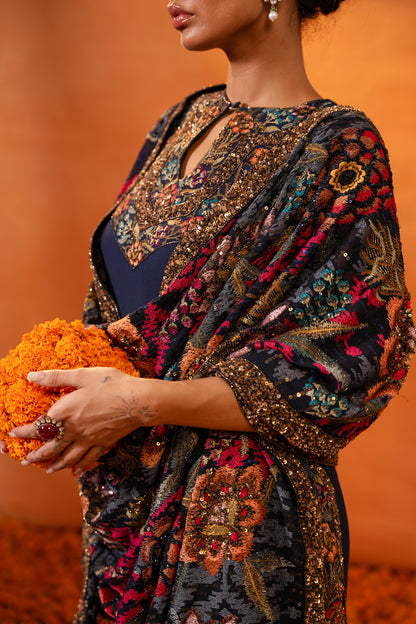 Gharara Set in Ikkat Floral Thread Embroidery