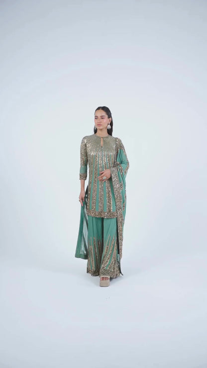 Sharara, Kurta Dupatta in Mix Line Sequins Embroidery
