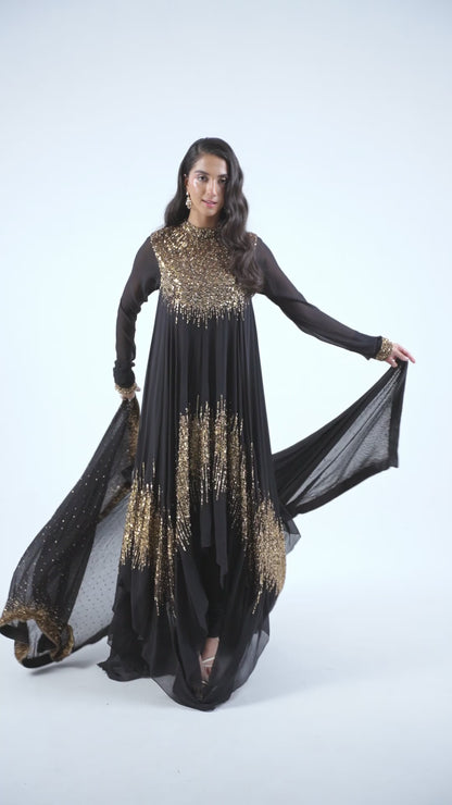 Asymmetric Kurta Set in Line Sequin Embroidery